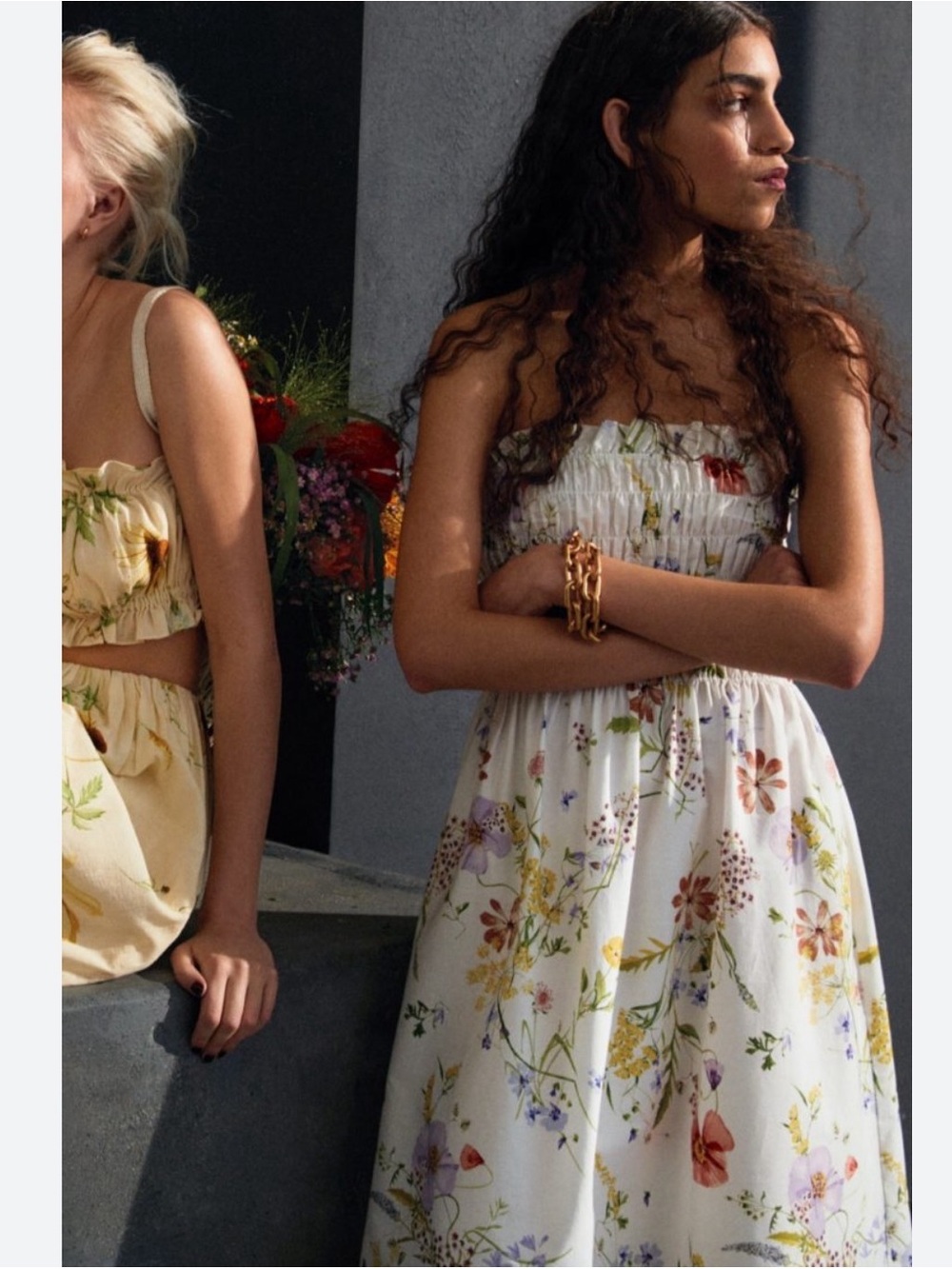 H&M White Floral Smocked Strapless Midi Dress S